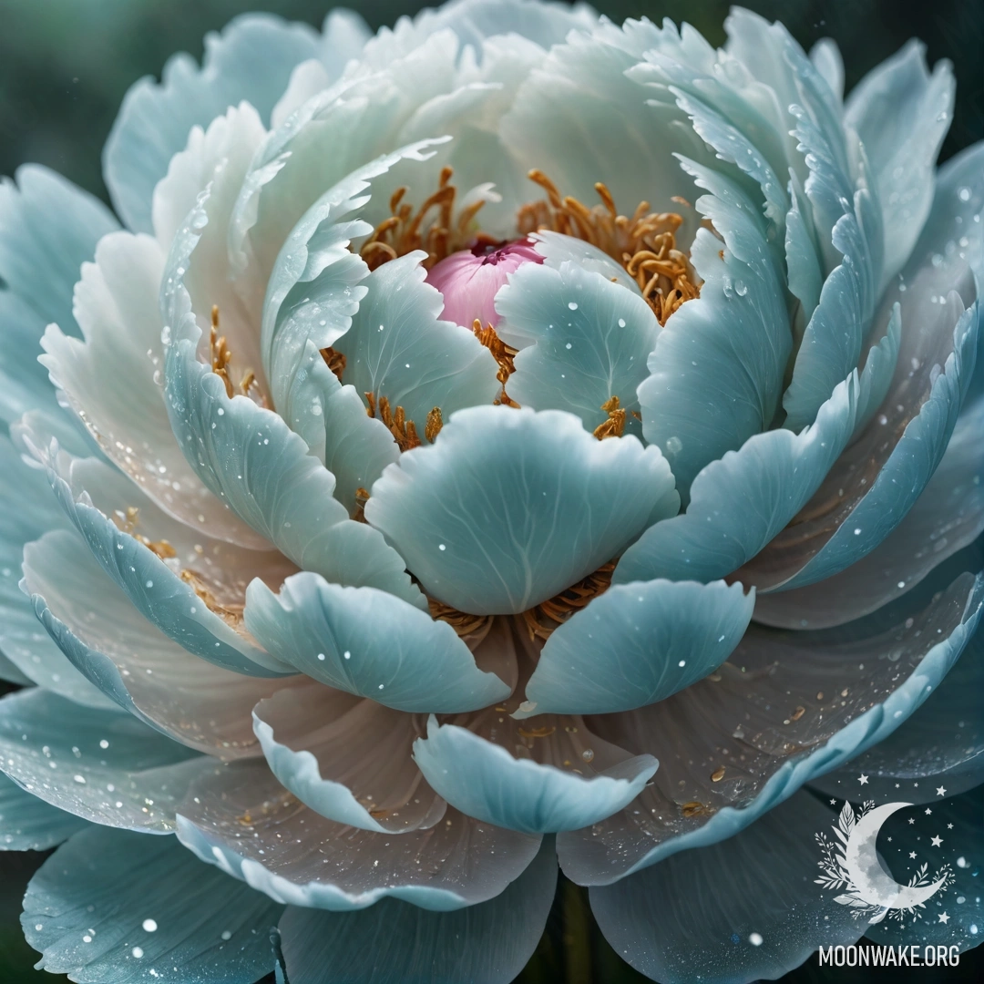 A calm peony in aquamarine color surrounded by mist and glitter.