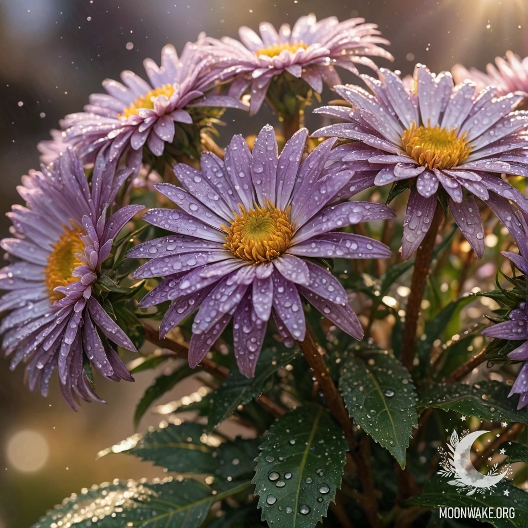 Calm Aster Bouquet in Coffee Tones A bouquet of calm asters with dew drops, showcasing coffee colors in anime art style.