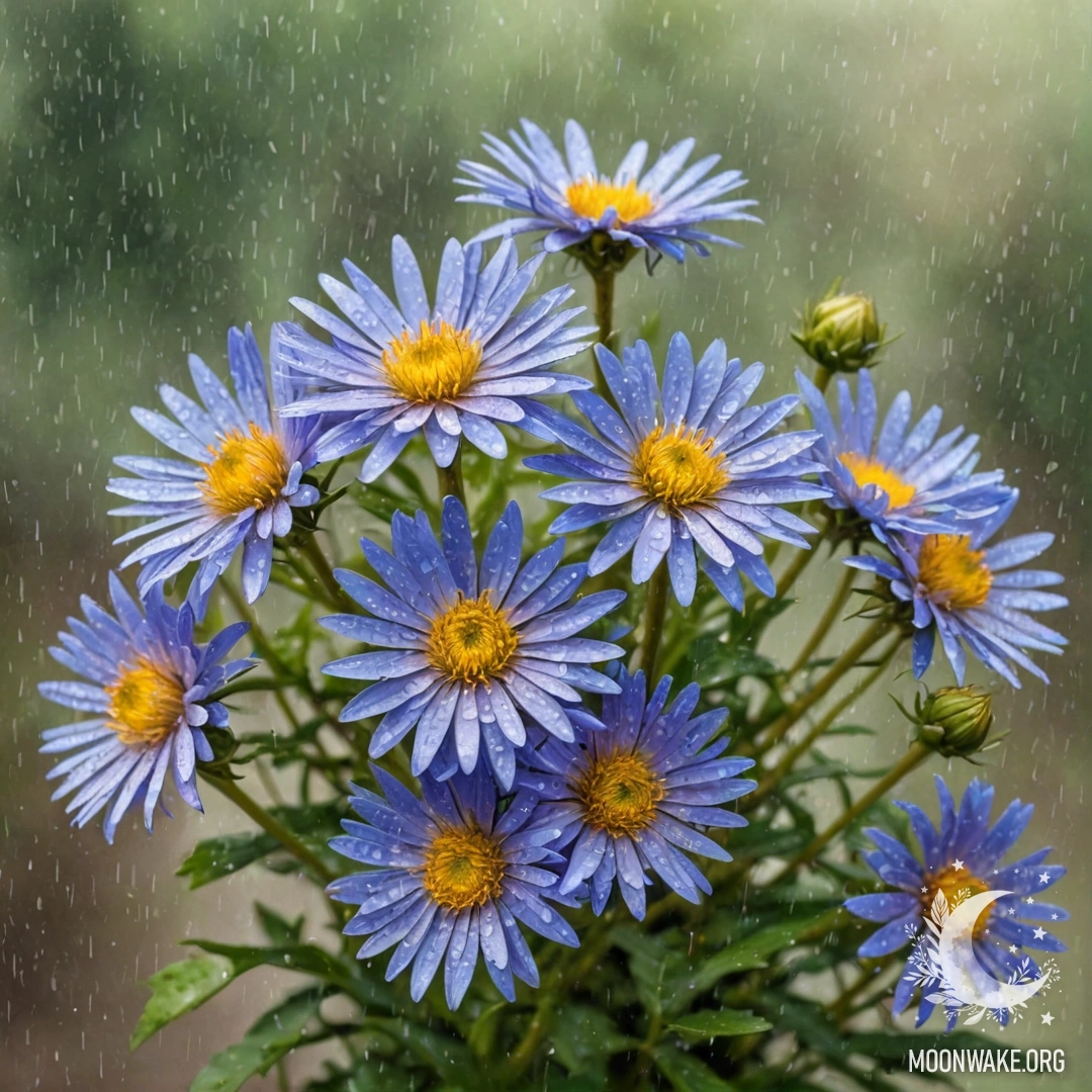 A calm aster flower under rain, illuminated by sunny rays with a bouquet of greenish-blue colors in an ink wash painting style.