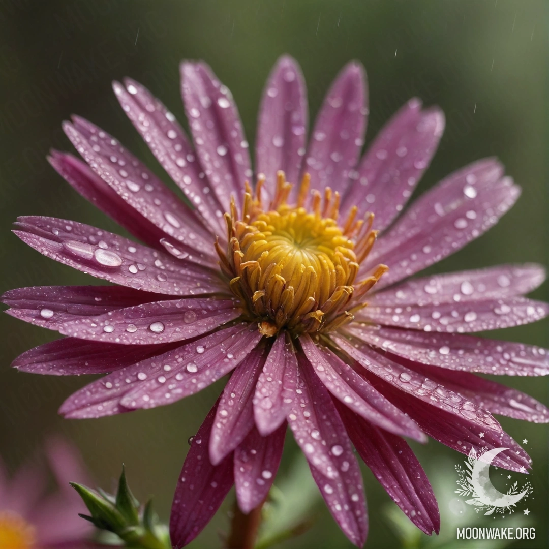 Aster flower peacefully standing under the rain with sunny rays in the background.
