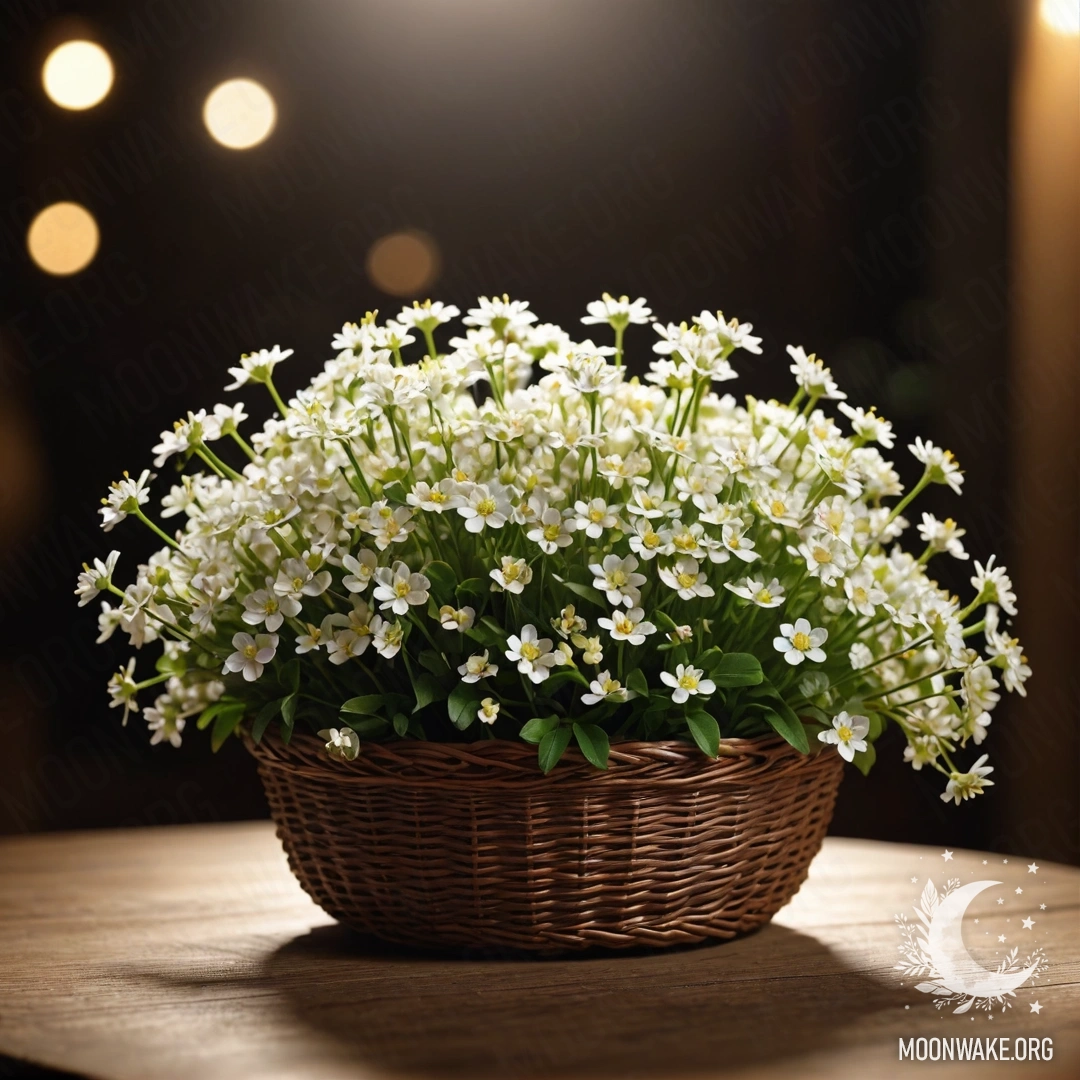 A basket filled with small white flowers placed on a wooden table, illuminated by sun rays at night.