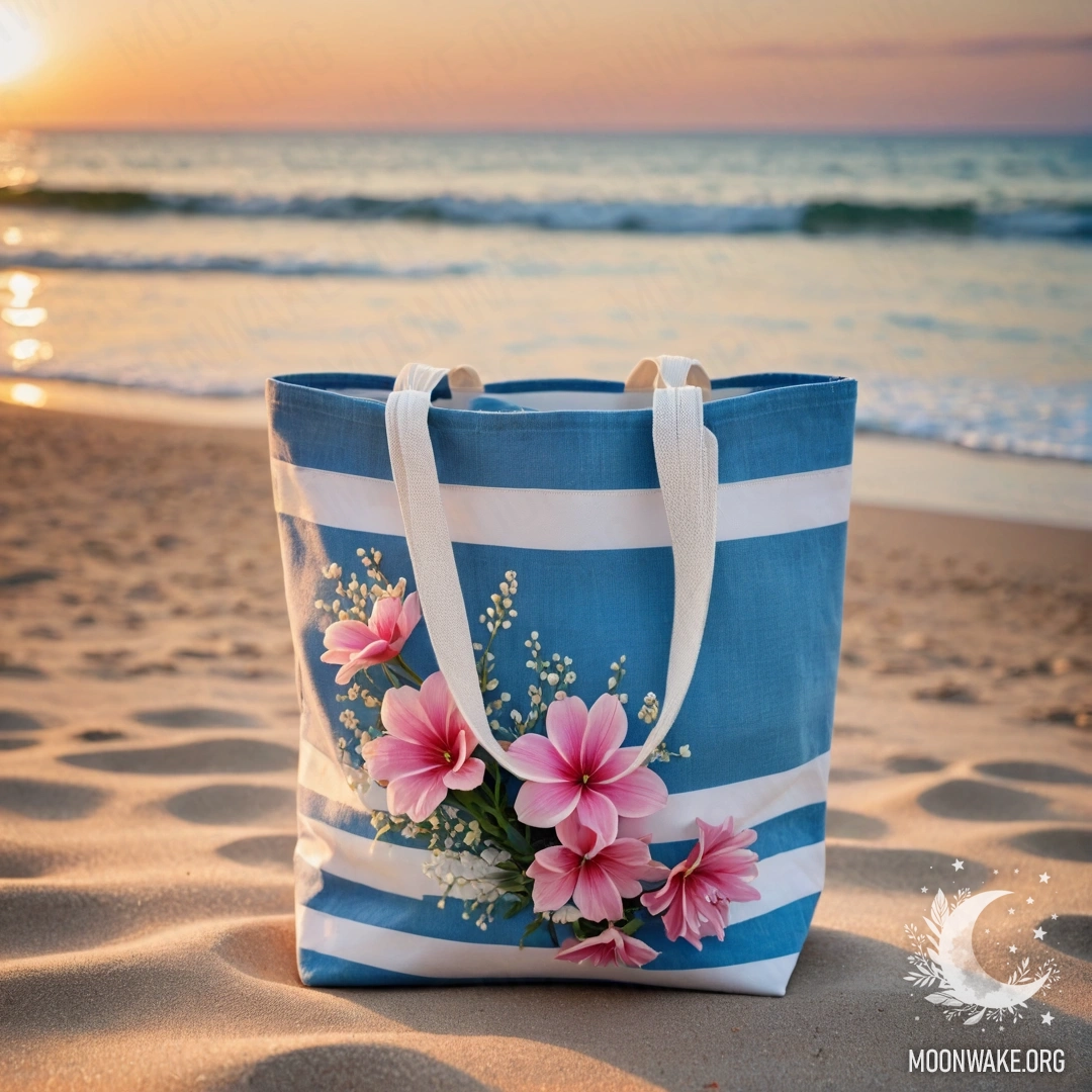 A photorealistic depiction of a white and blue striped fabric bag filled with pink flowers on a sandy beach at sunset, with the blue sea and sky in the background.