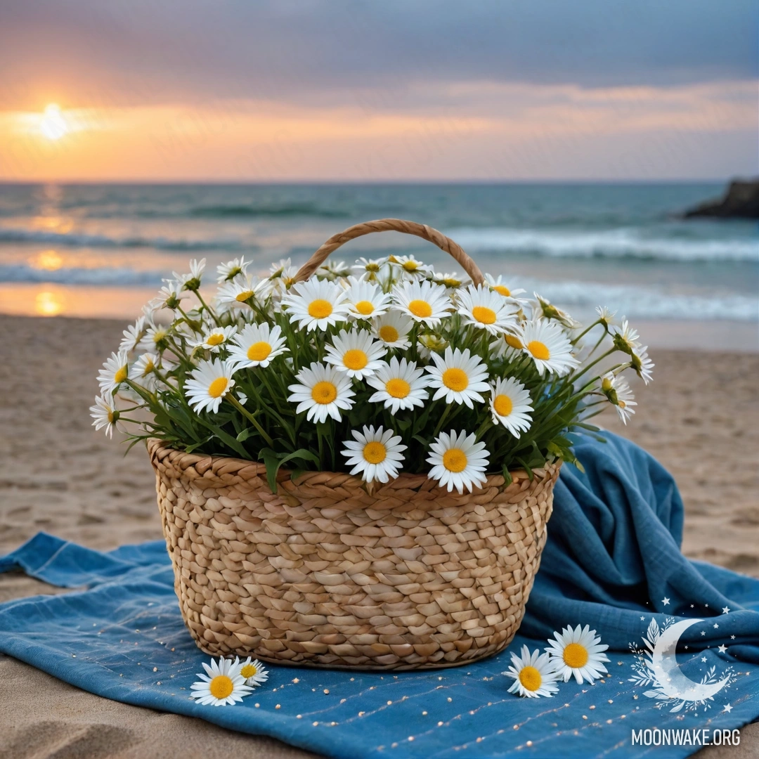 A straw bag with a blue tablecloth and daisies on a sandy beach at sunset with rain in the background.