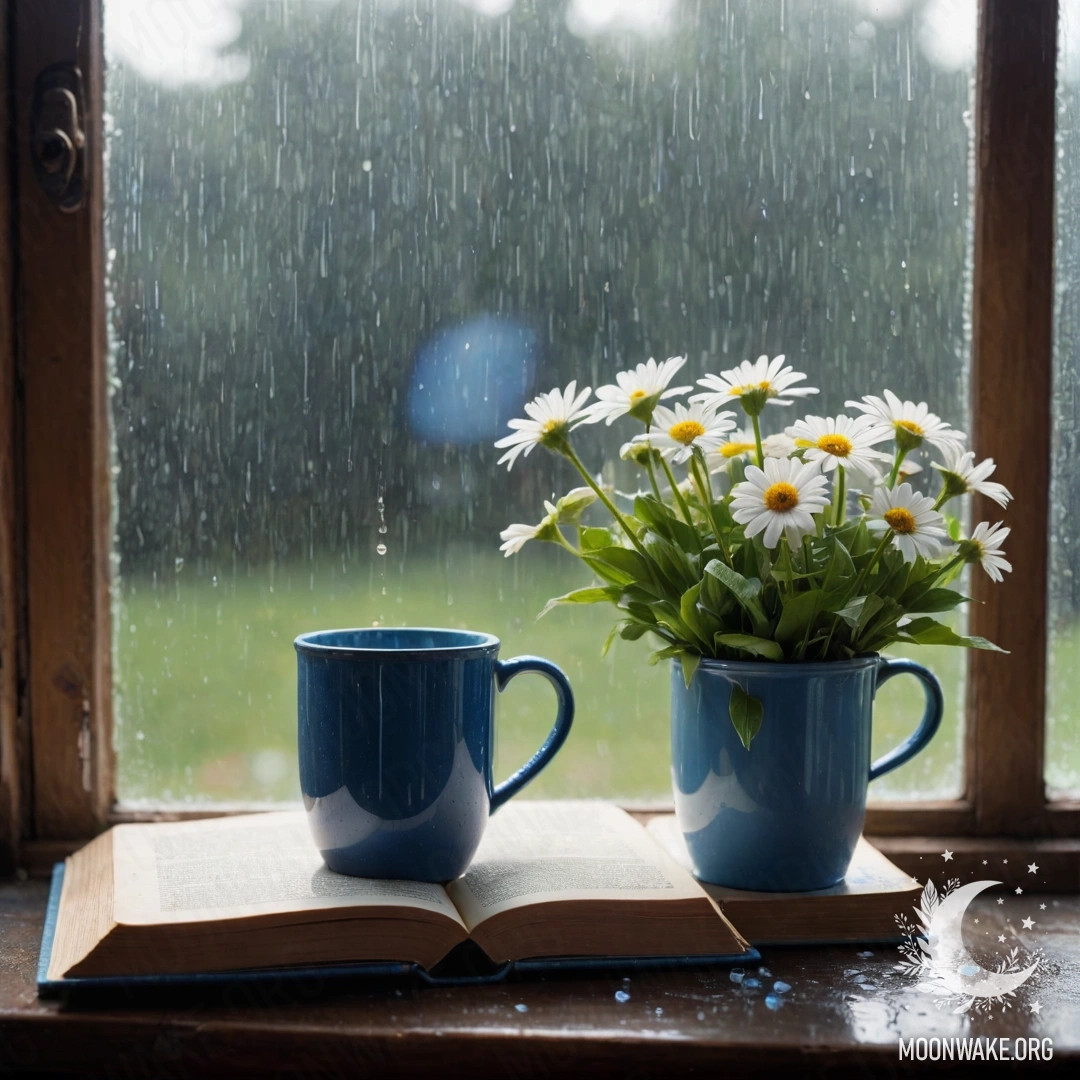 A worn blue book on a wooden windowsill with a blue mug containing flowers, rain visible.