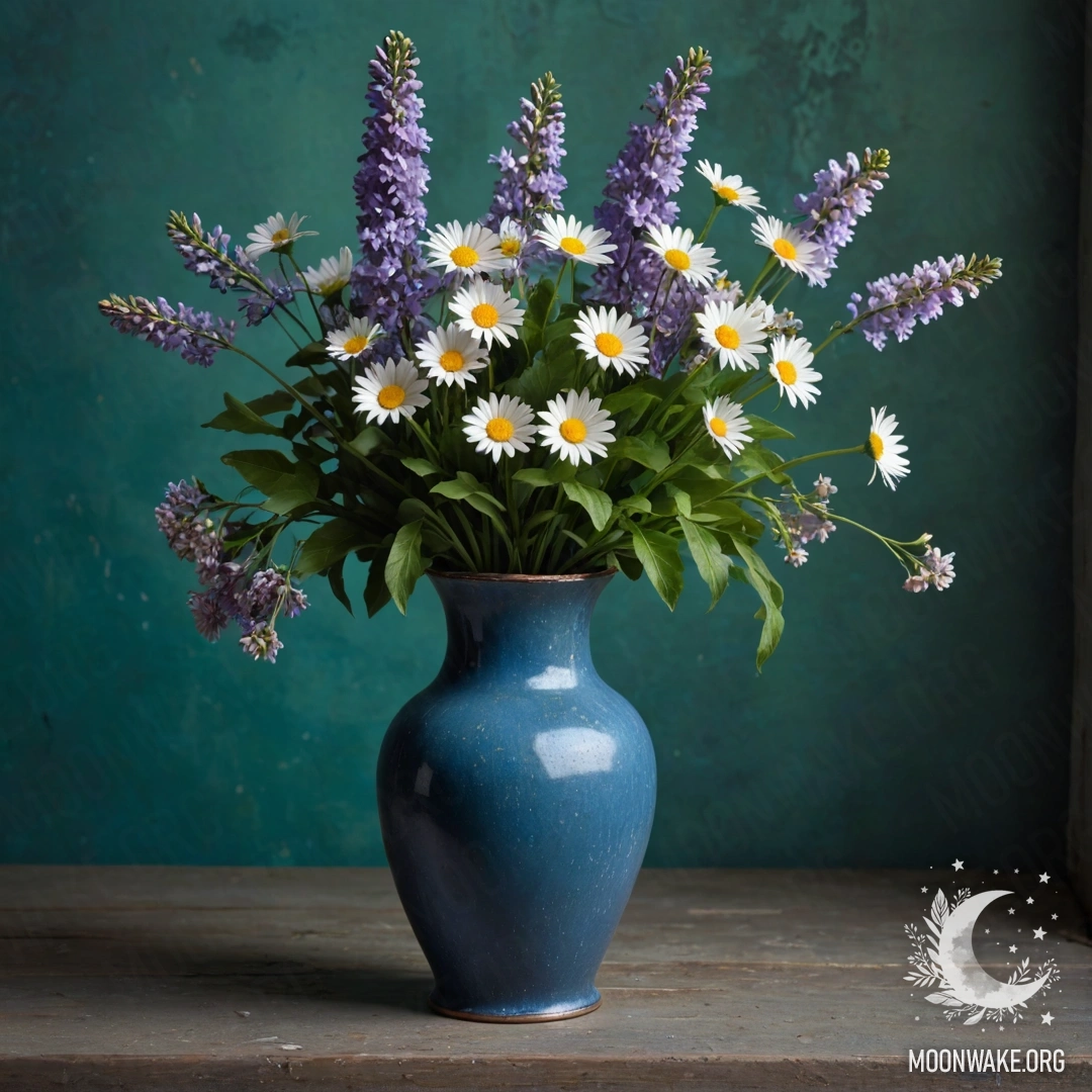 A shabby blue metal vase with daisies and lilacs on a green wall.