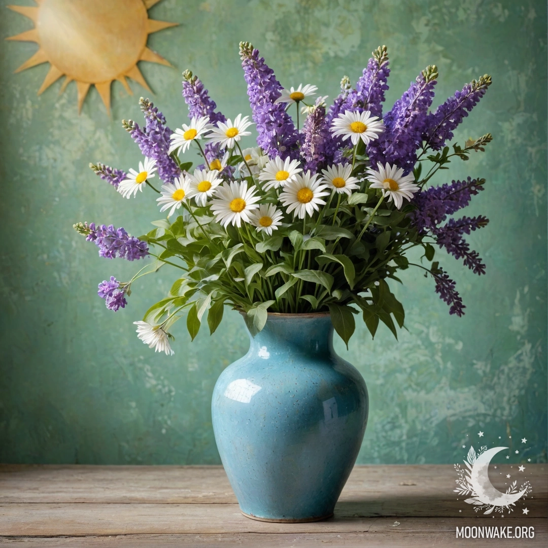 A shabby blue metal vase with daisies and lilacs against a greenish wall.