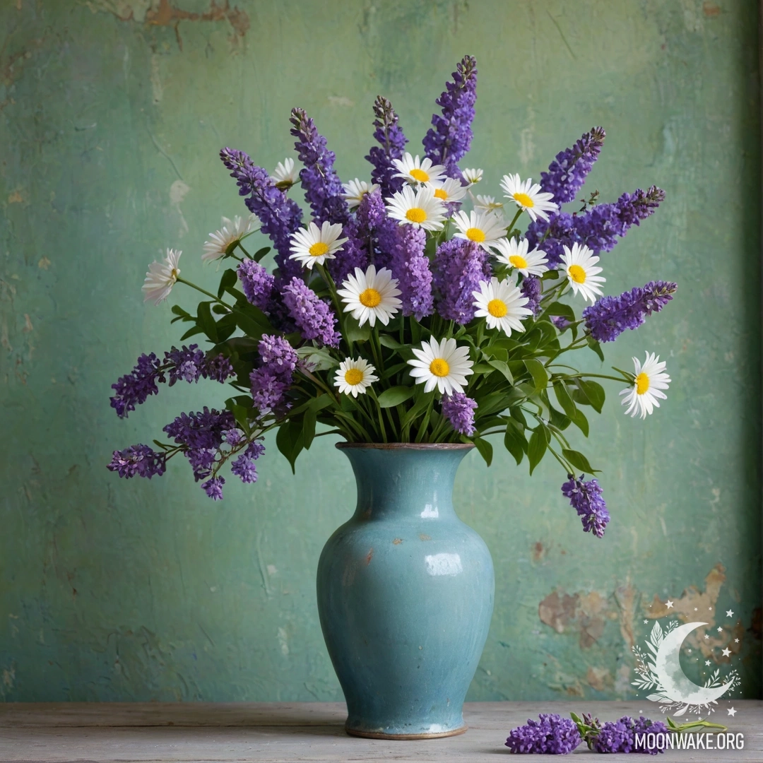 Calm Blue Vase with Daisies and Lilacs A shabby blue vase with daisies and lilacs against a greenish wall.