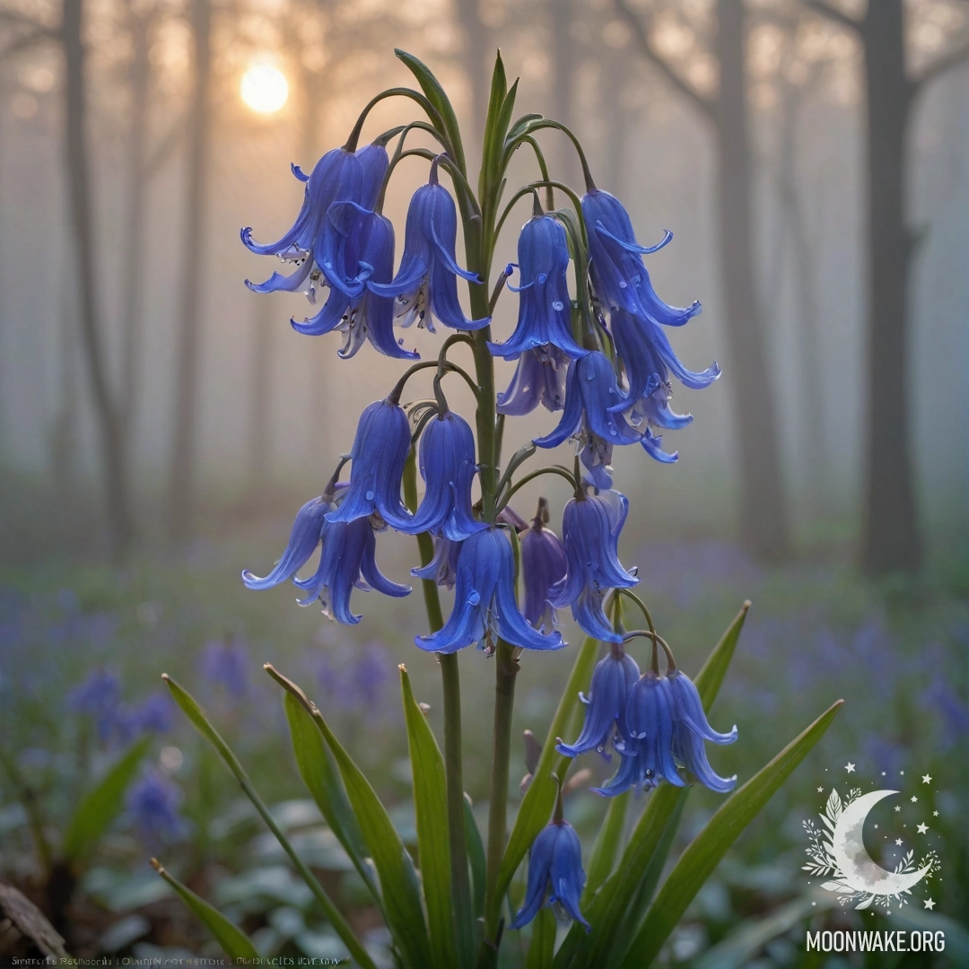 A serene bouquet of bluebells appearing in fog during sunset.