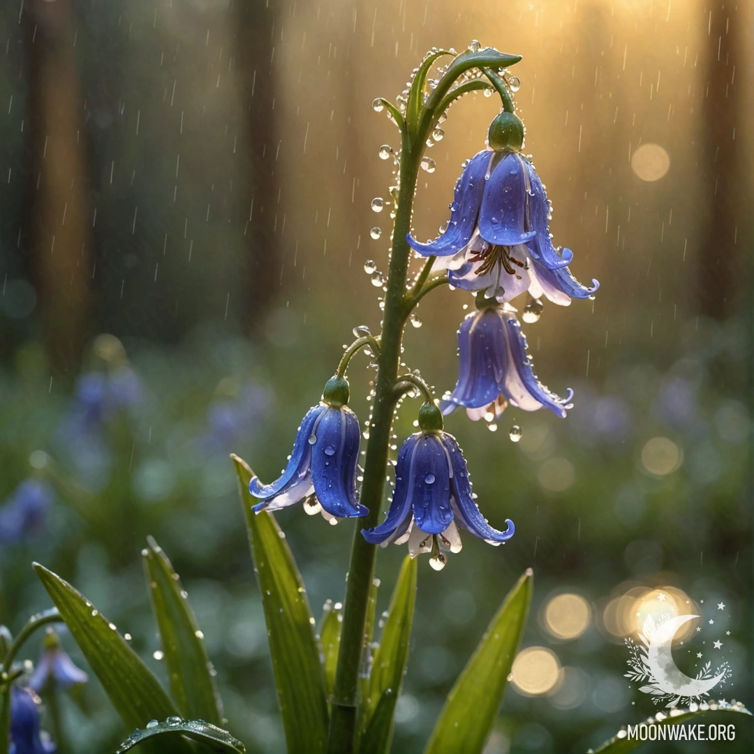 A serene bluebell flower drenched in rain, set against a soft cream yellow sunset.