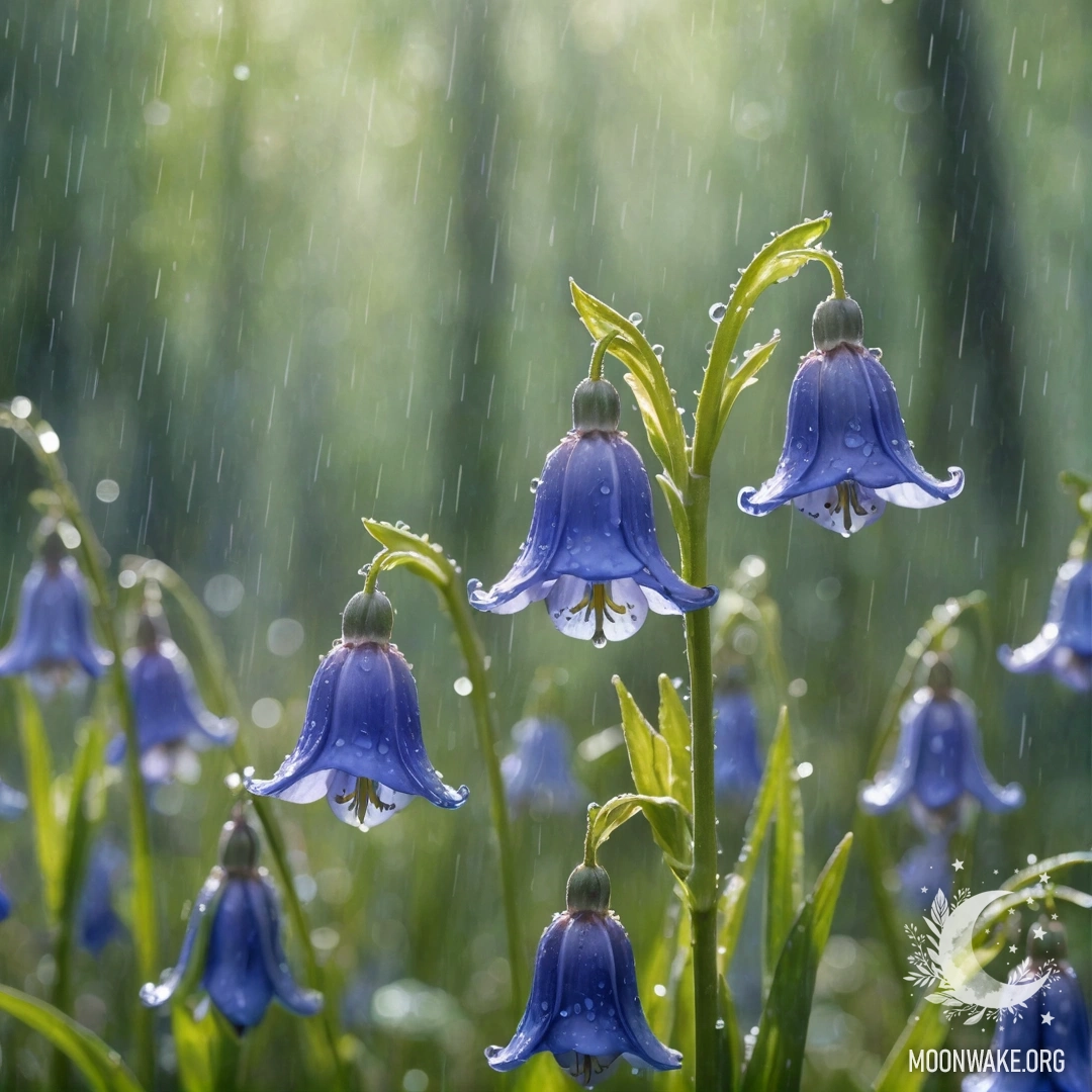 A serene bluebell flower under rain with sunny rays in the sky.