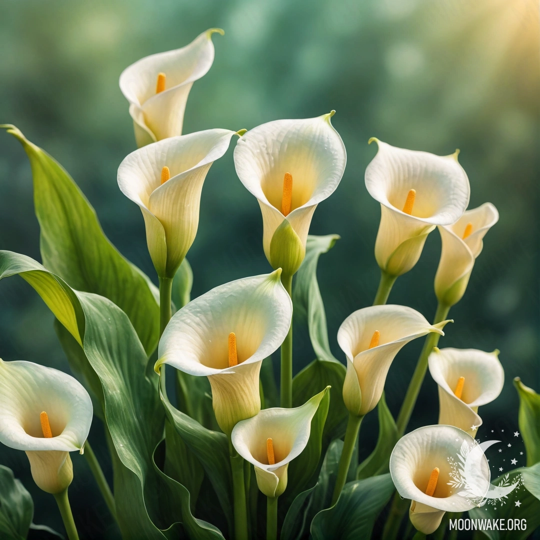 A peaceful arrangement of calla lilies bathed in sunset colors.