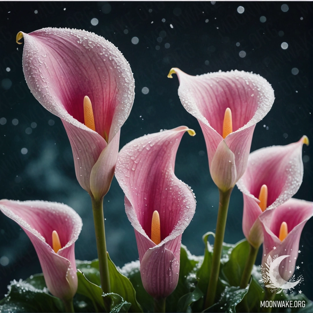 A serene arrangement of pink calla lilies covered in frost at night.