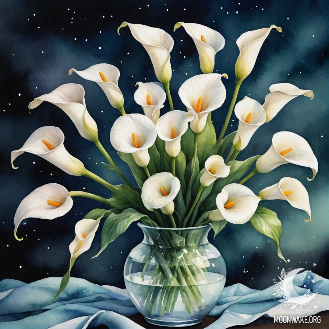 Calm Calla Lilies in Frosty Night A vase with calla lilies sitting in frost at night, painted in watercolor.