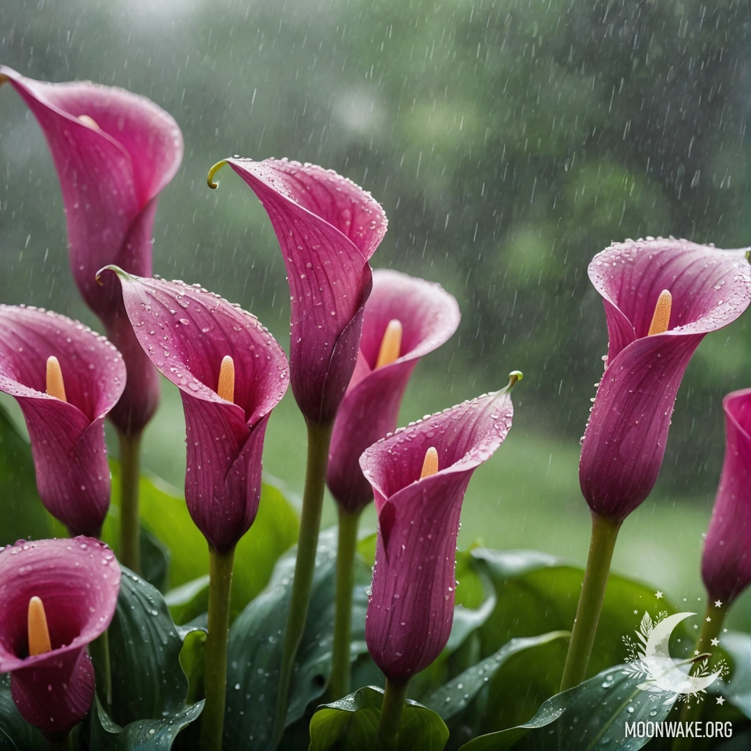 Calm Calla Lilies in Mist and Rain A close-up of fuchsia calla lilies enveloped in mist and rain.