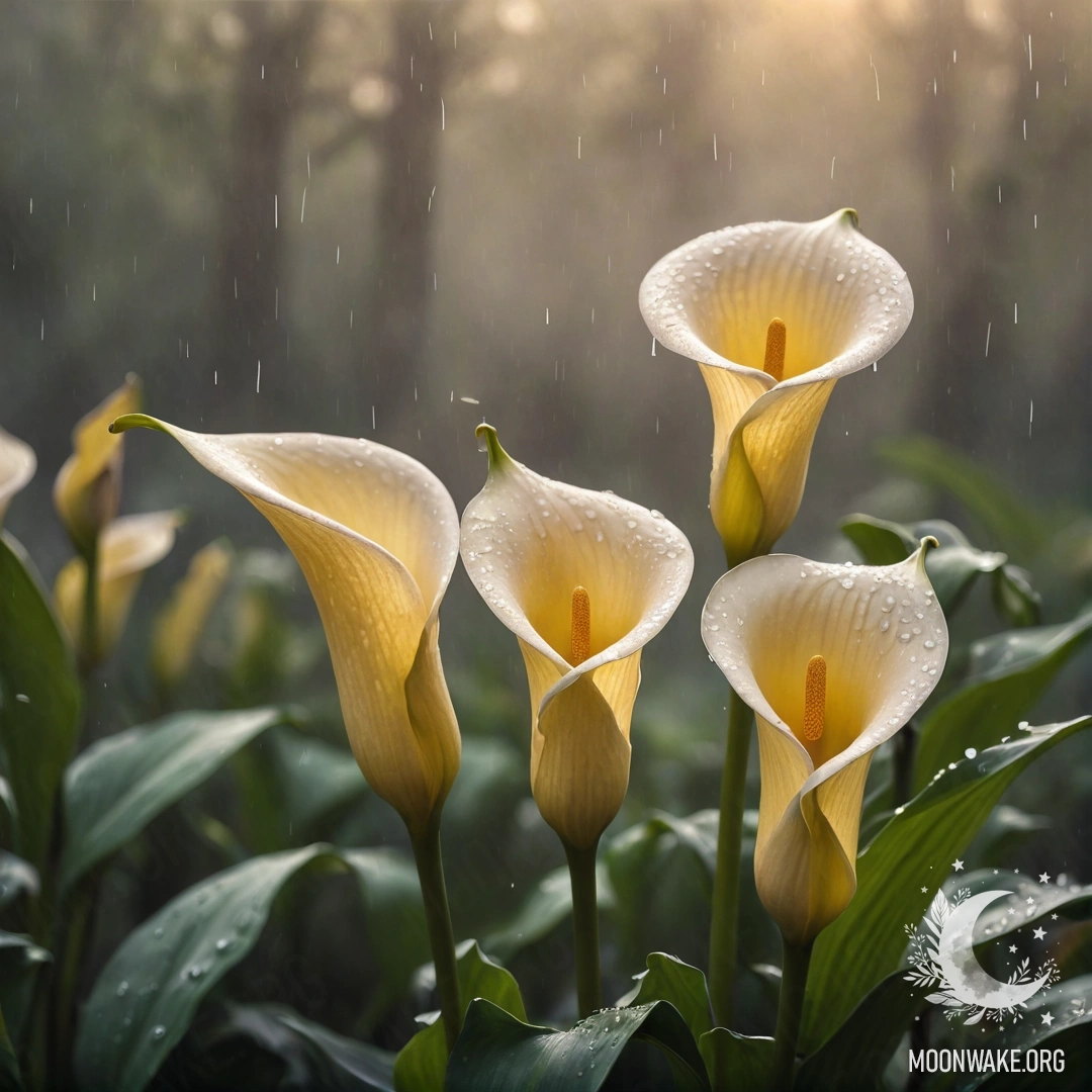 A serene scene featuring calm yellow calla lilies in misty rain at sunset.