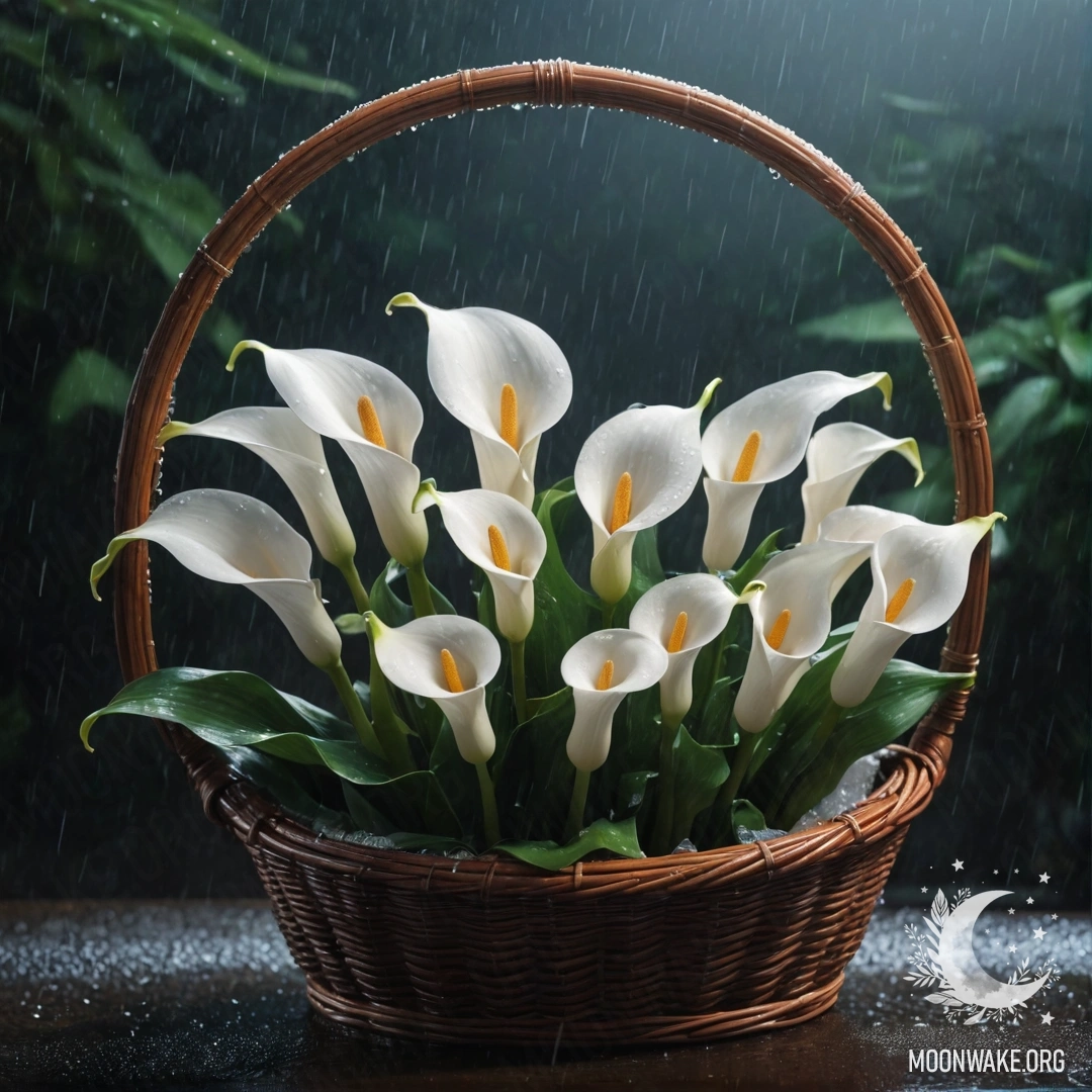 Calm Calla Lilies in the Mist A basket of calm calla lilies under the rain in a misty night.