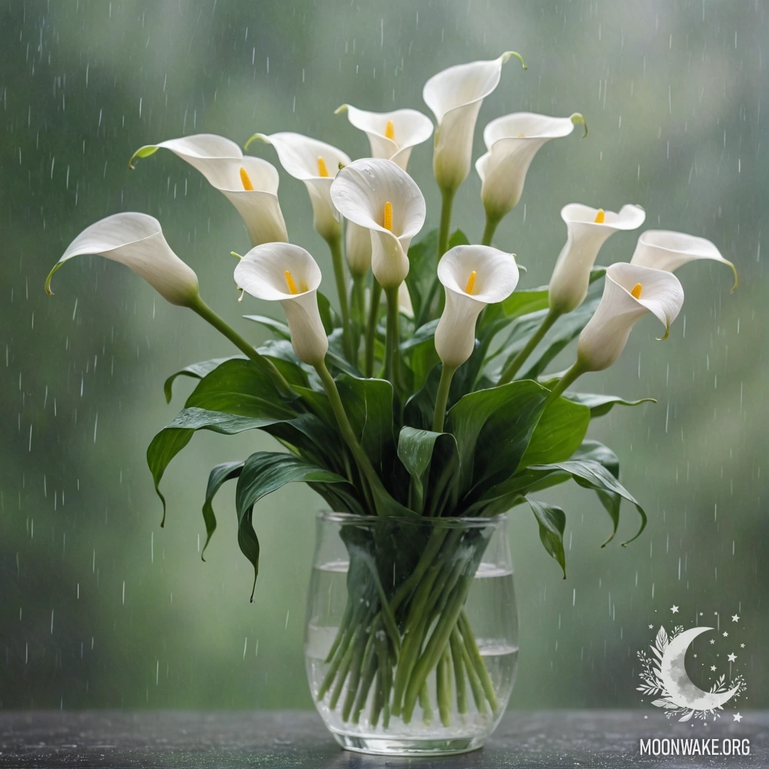 A serene arrangement of calla lilies in a mint-colored vase, surrounded by mist and rain.