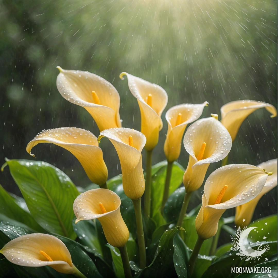 A serene scene of yellow calla lilies drenched in rain with sunlight gleaming upon them.