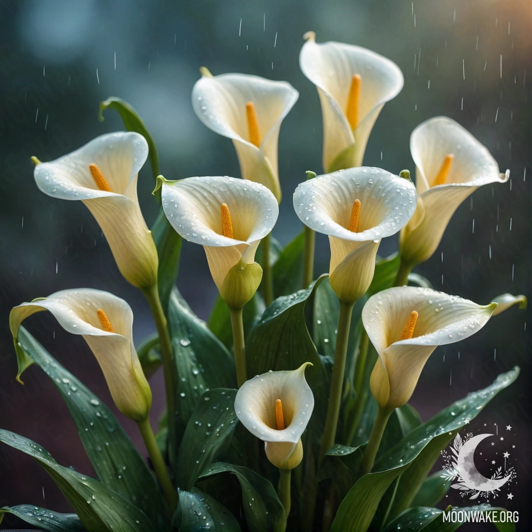 A bouquet of greenish-blue calla lilies gently swaying in the rain during a sunset.