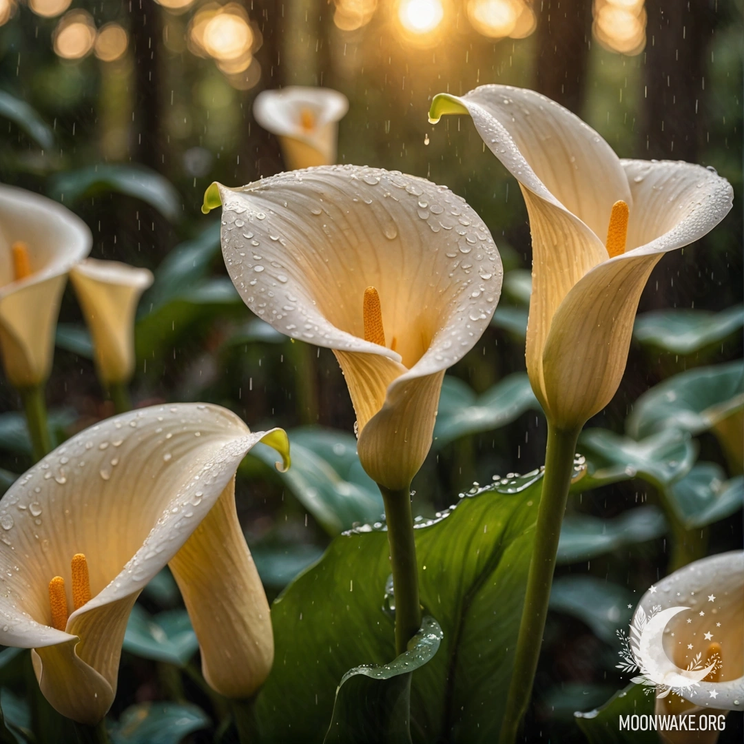 A serene arrangement of calla lilies made from tree branches, gently soaked by rain under a golden sunset.