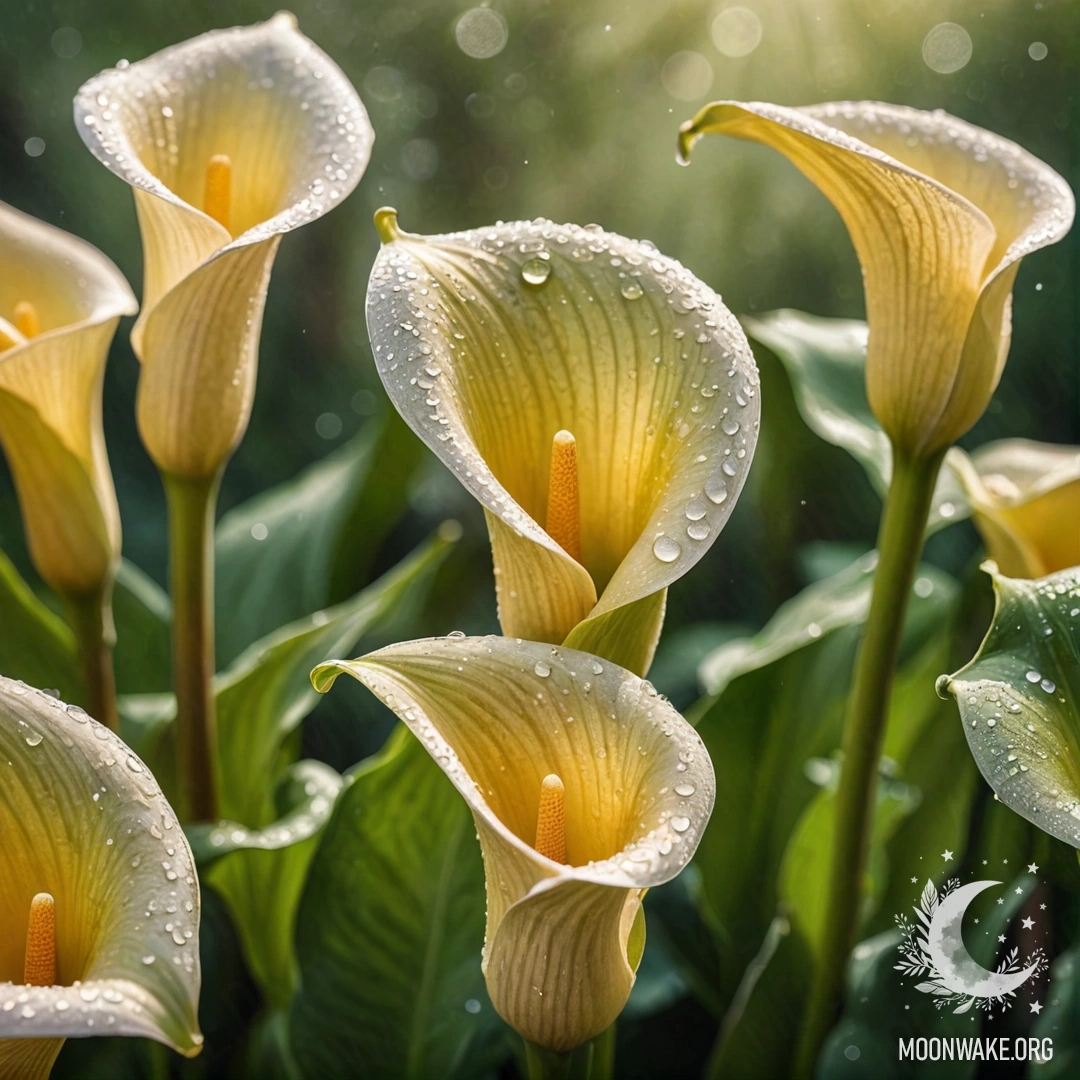 Calm Calla Lilies with Dew Drops A serene arrangement of calla lilies adorned with dew drops against a soft olive background, illuminated by gentle sunny rays.
