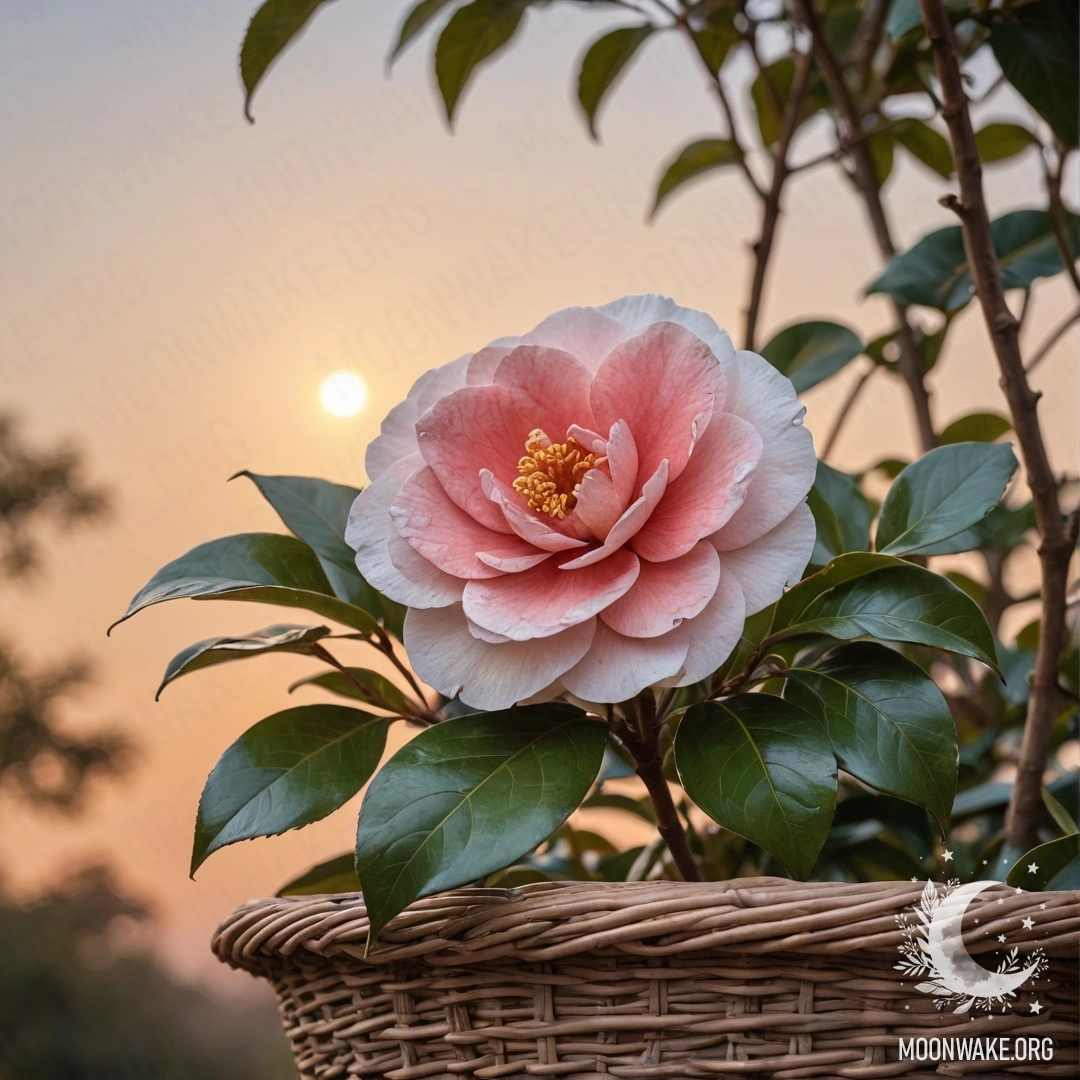 A watercolor painting of a calm camellia flower in a coffee-colored basket at sunset.