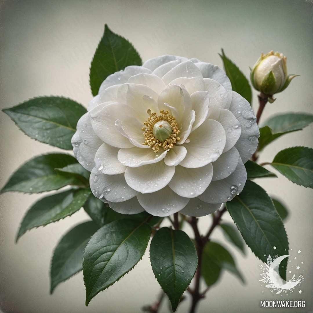 Calm Camellia in the Fog A tranquil camellia flower surrounded by fog and rhinestones.
