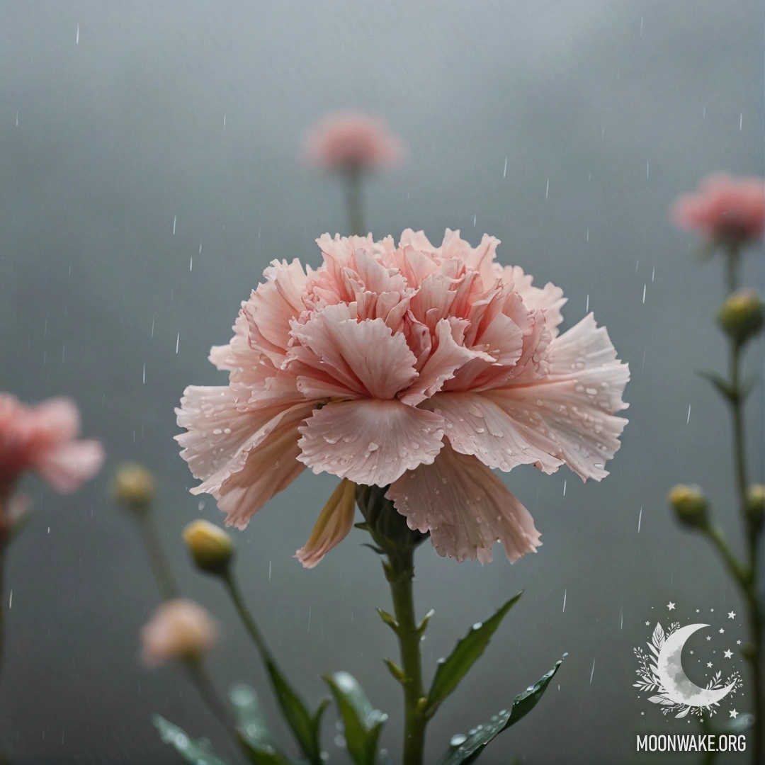 Calm Carnation in Misty Rain A serene yellow carnation flower in a misty background with rain.