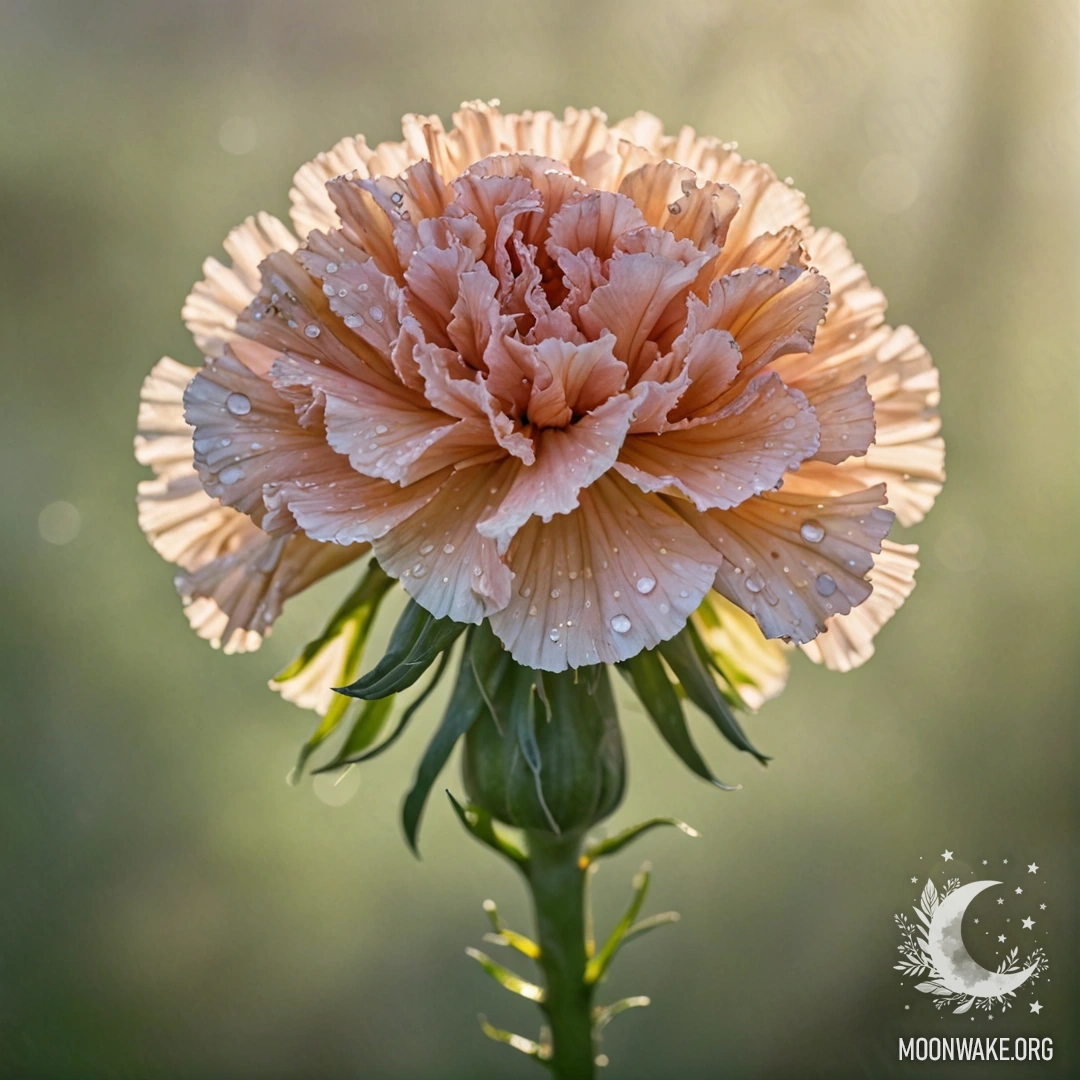 Calm Carnation in Mist A soft olive-colored carnation surrounded by mist and sunny rays.