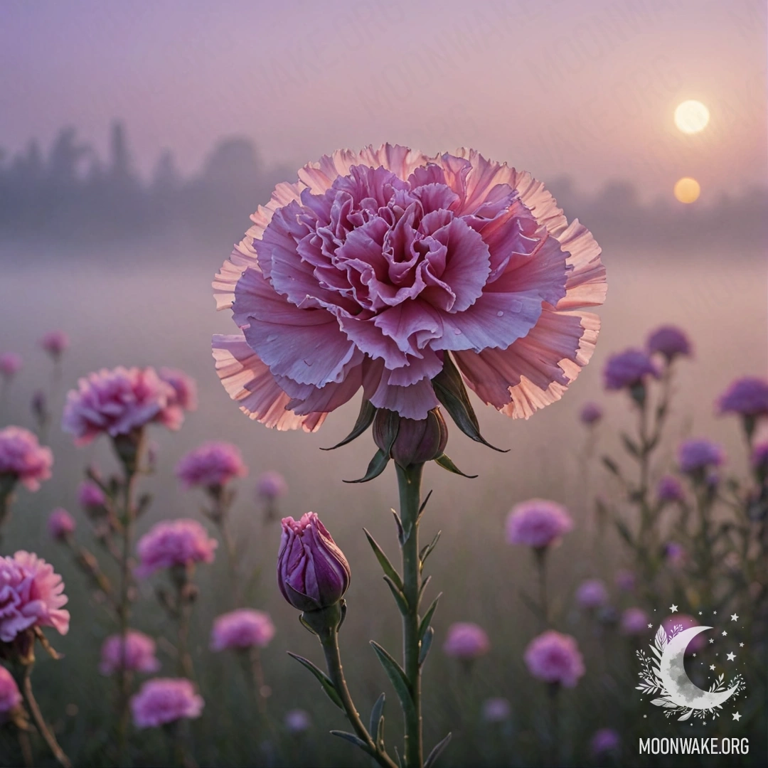 A delicate carnation surrounded by fog during sunset, with a lavender hue.