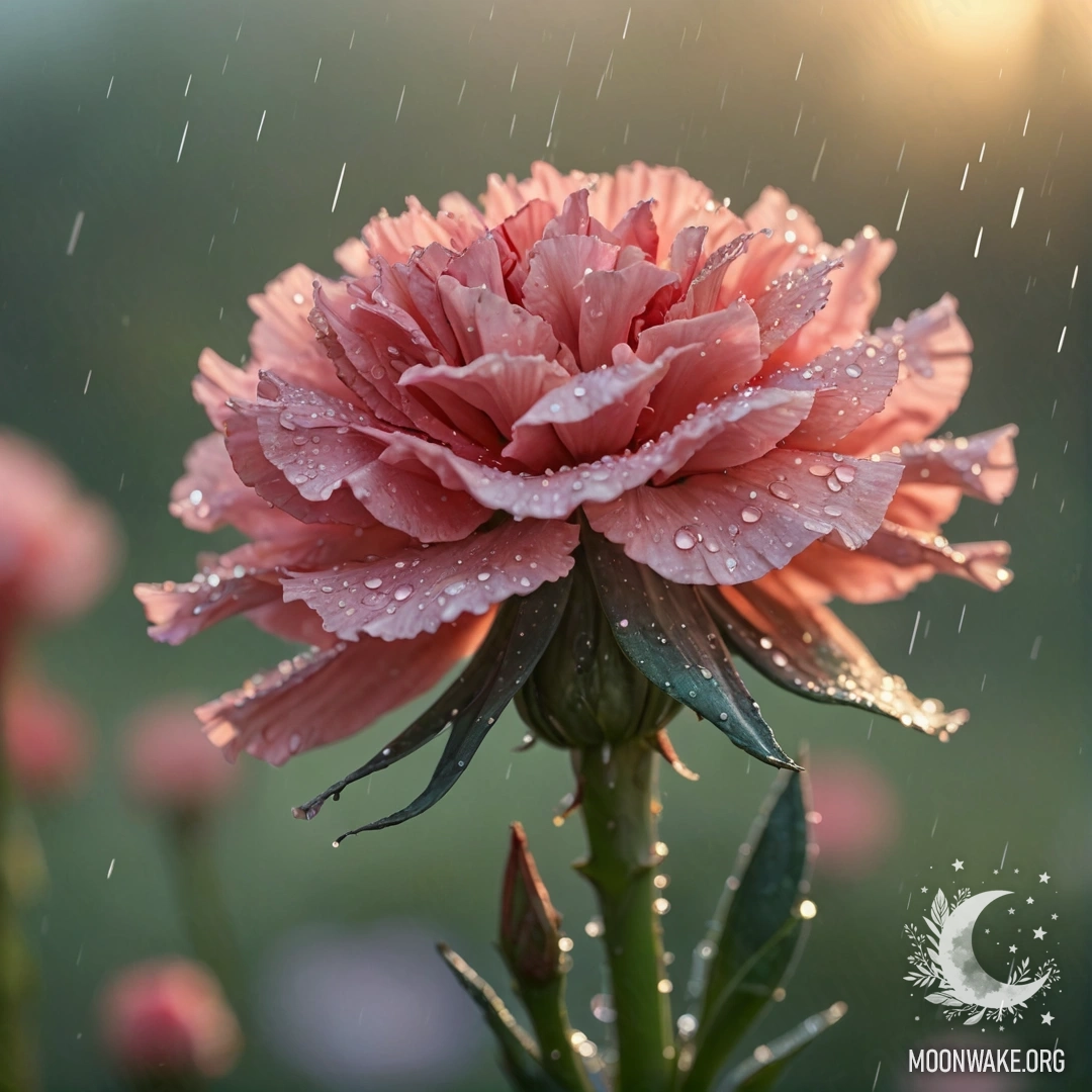 Calm Carnation in the Rain at Sunset A calm carnation covered in raindrops with a sage green hue at sunset, sparkling under the soft light.