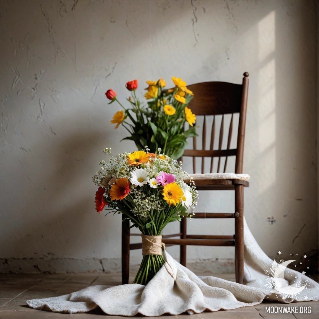 Tranquil Chair with Flowers A serene chair draped with a blanket, adorned with a bouquet of flowers on a shabby wall background.