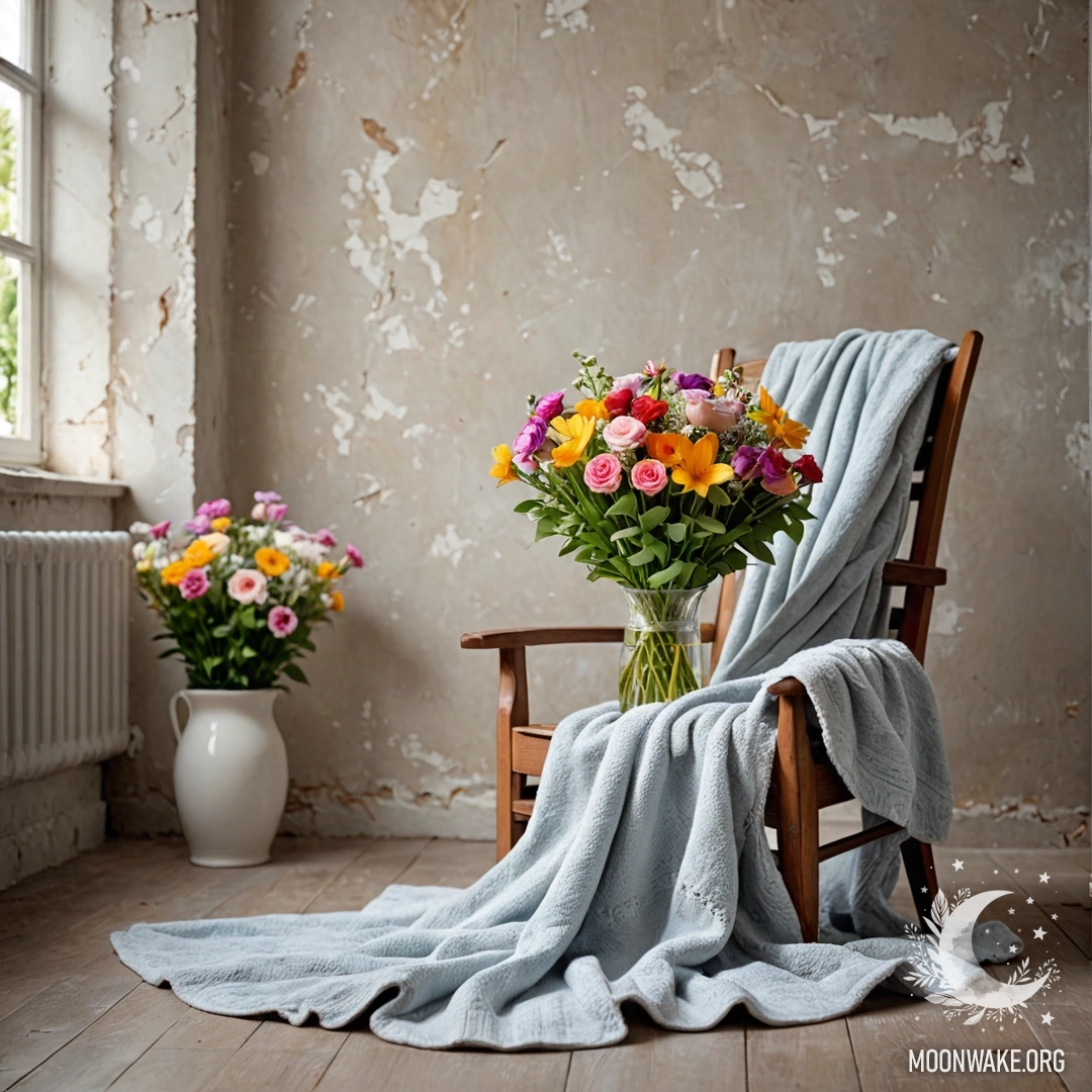 Peaceful Chair with Flowers A calm scene featuring a chair against a shabby wall, a blanket lies on it, and a bouquet of flowers rests on the blanket.