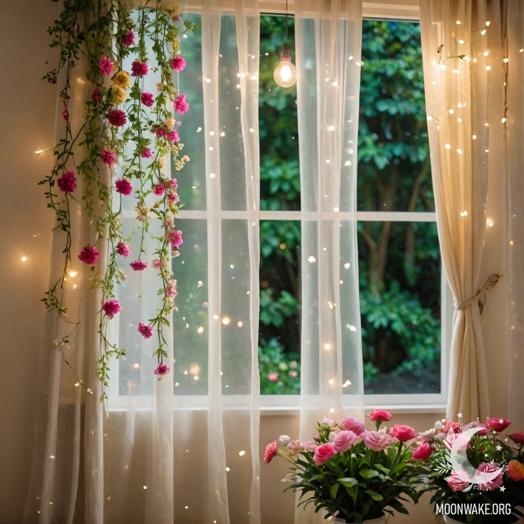 A chair against a shabby wall, adorned with a blanket and flowers, illuminated by sunlight.