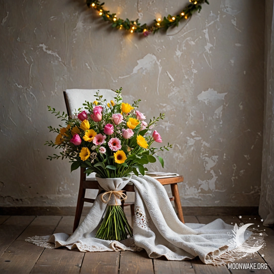 A chair against a shabby wall, adorned with a blanket and a bouquet of flowers with warm garland lights.
