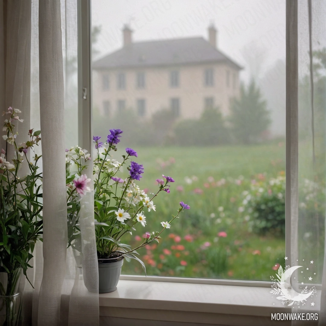A photorealistic depiction of a chair with a blanket and a bouquet of flowers against a shabby wall with sun rays.