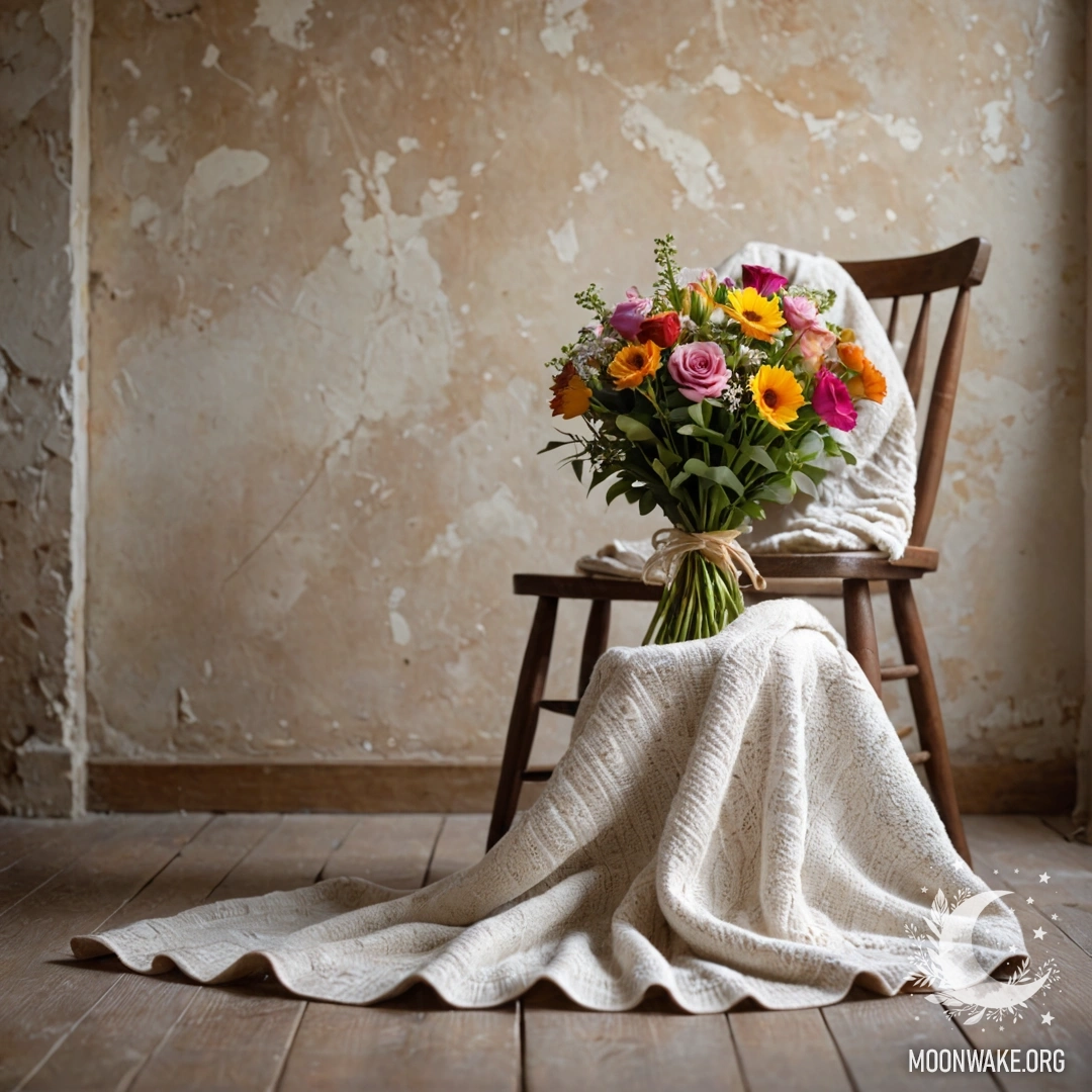 Calm Chair with Flowers A chair against a shabby wall with a blanket and bouquet of flowers.