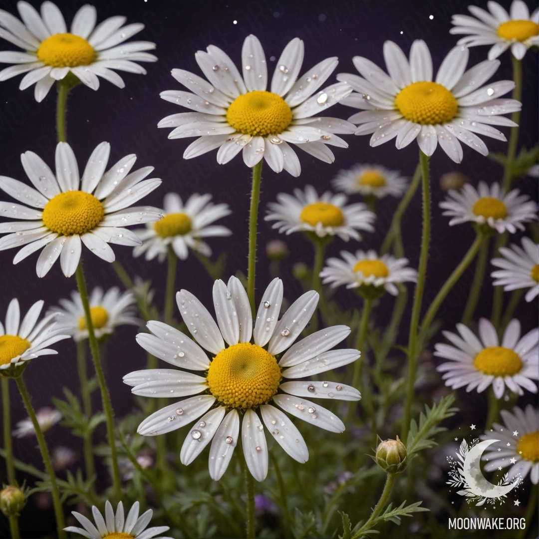 A serene arrangement of purple chamomile flowers adorned with rhinestones, set against a night backdrop resembling an old postcard.