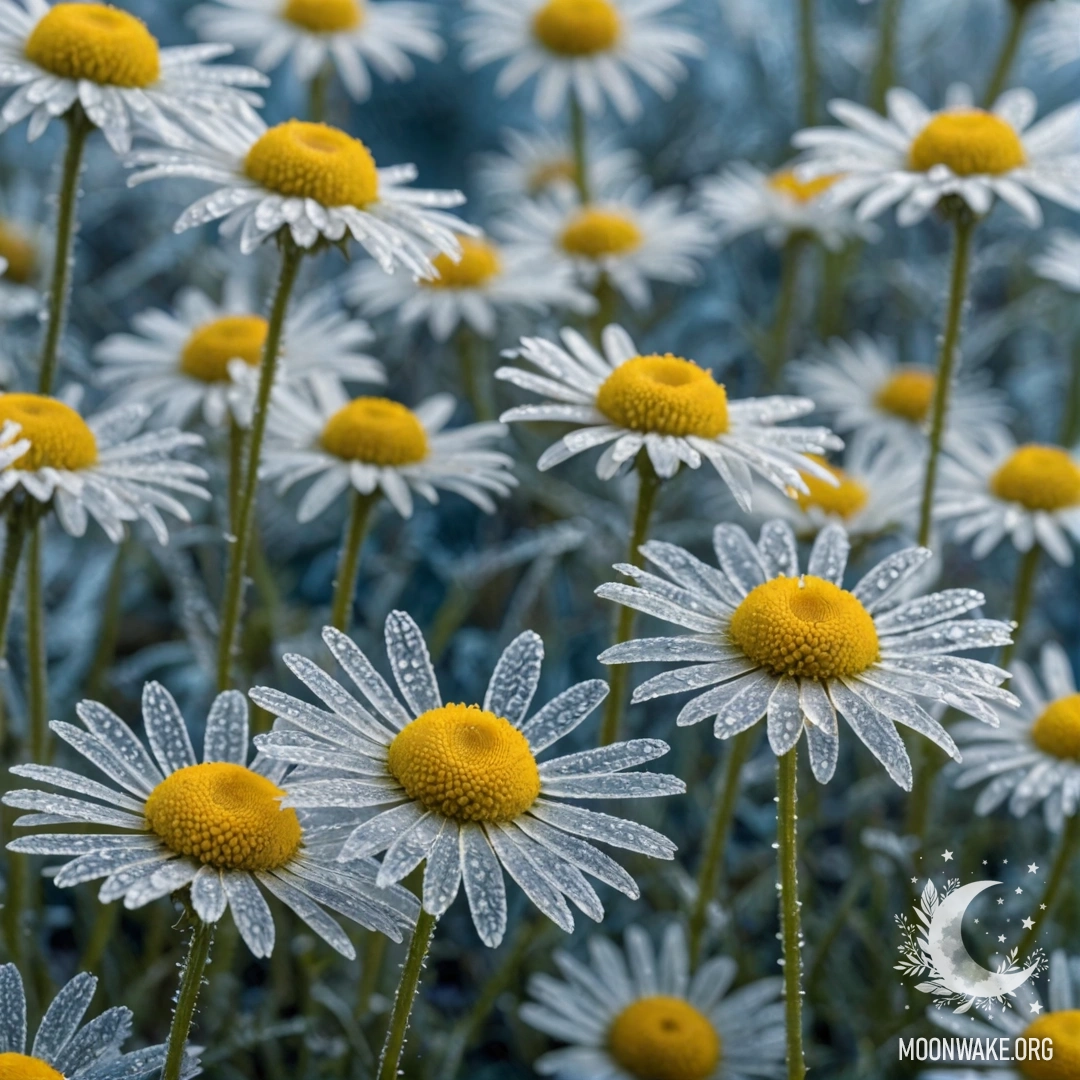A calm chamomile flower encapsulated within intricate frost patterns of blue color.