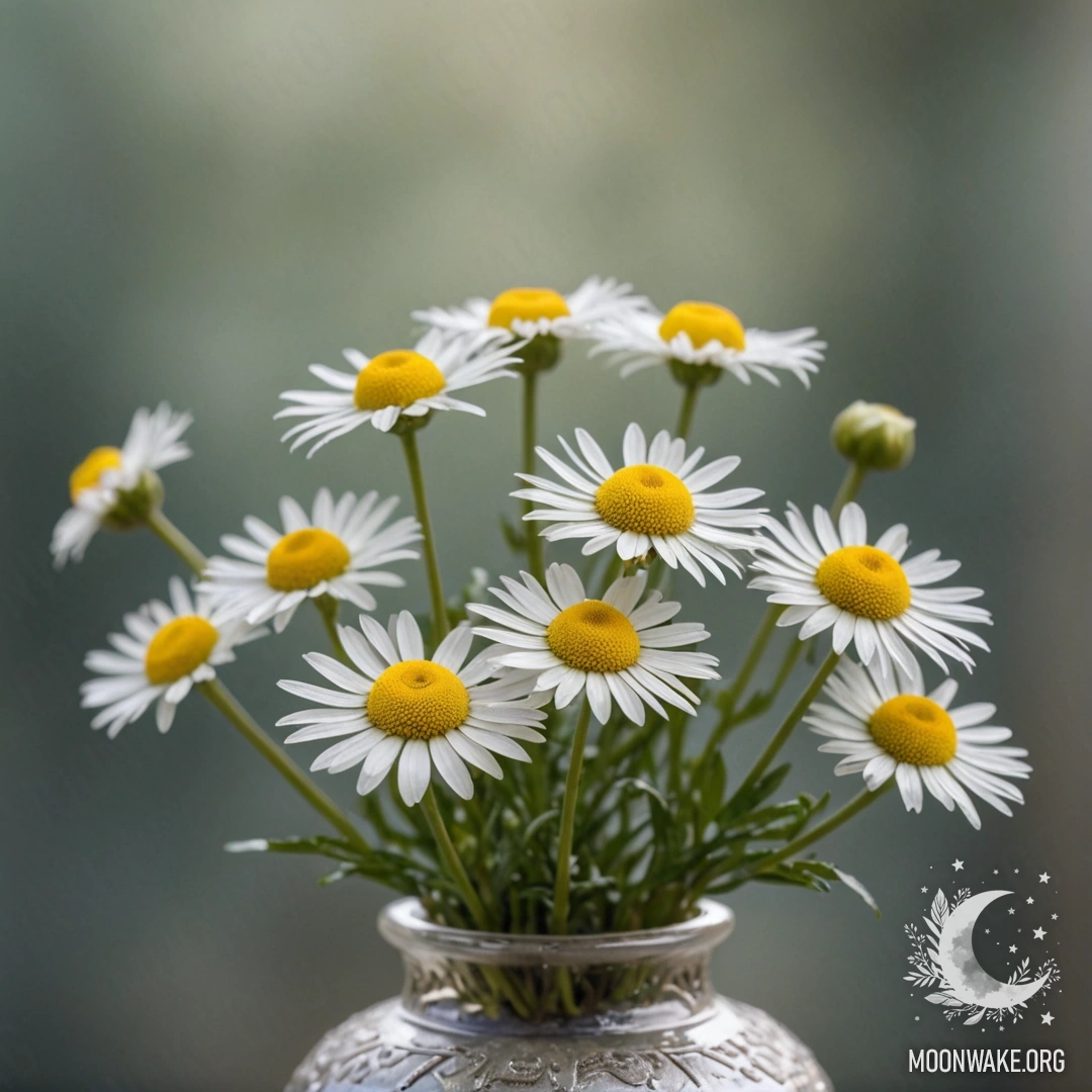 Calm Chamomile in Frosted Vase A delicate chamomile flower in a frosted olive vase.
