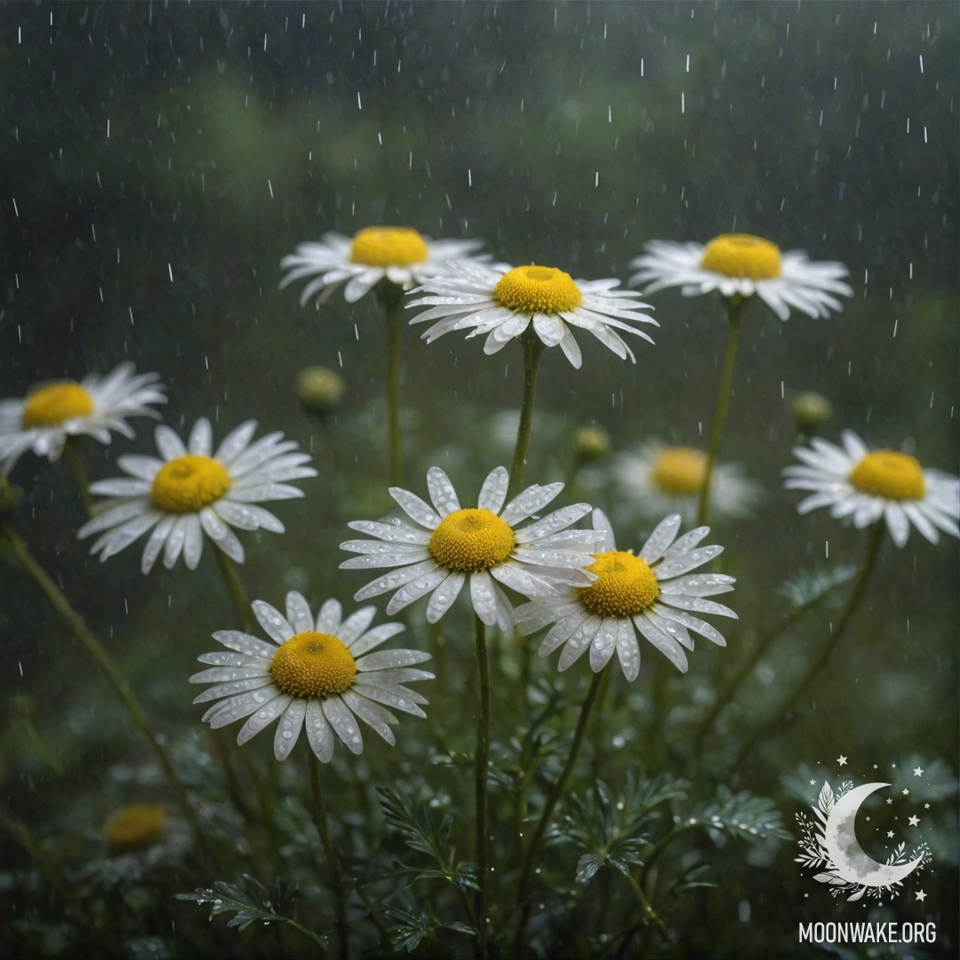 Calm Chamomile in Misty Rain A peaceful chamomile flower in the mist during a rainy night, colored in olive green.