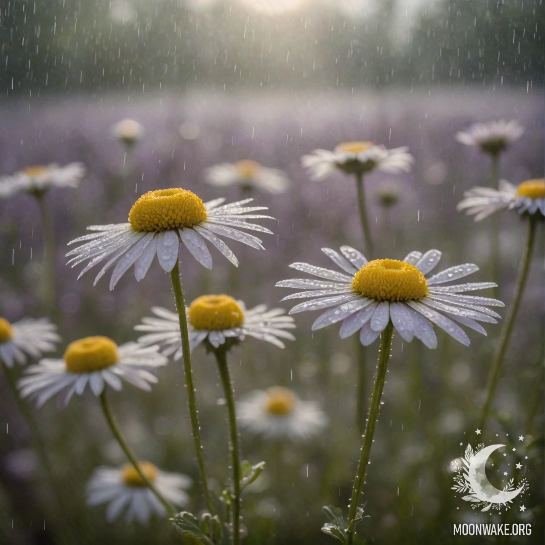 A serene chamomile flower surrounded by mist and rain, bathed in lavender hues and sparkling sunshine.