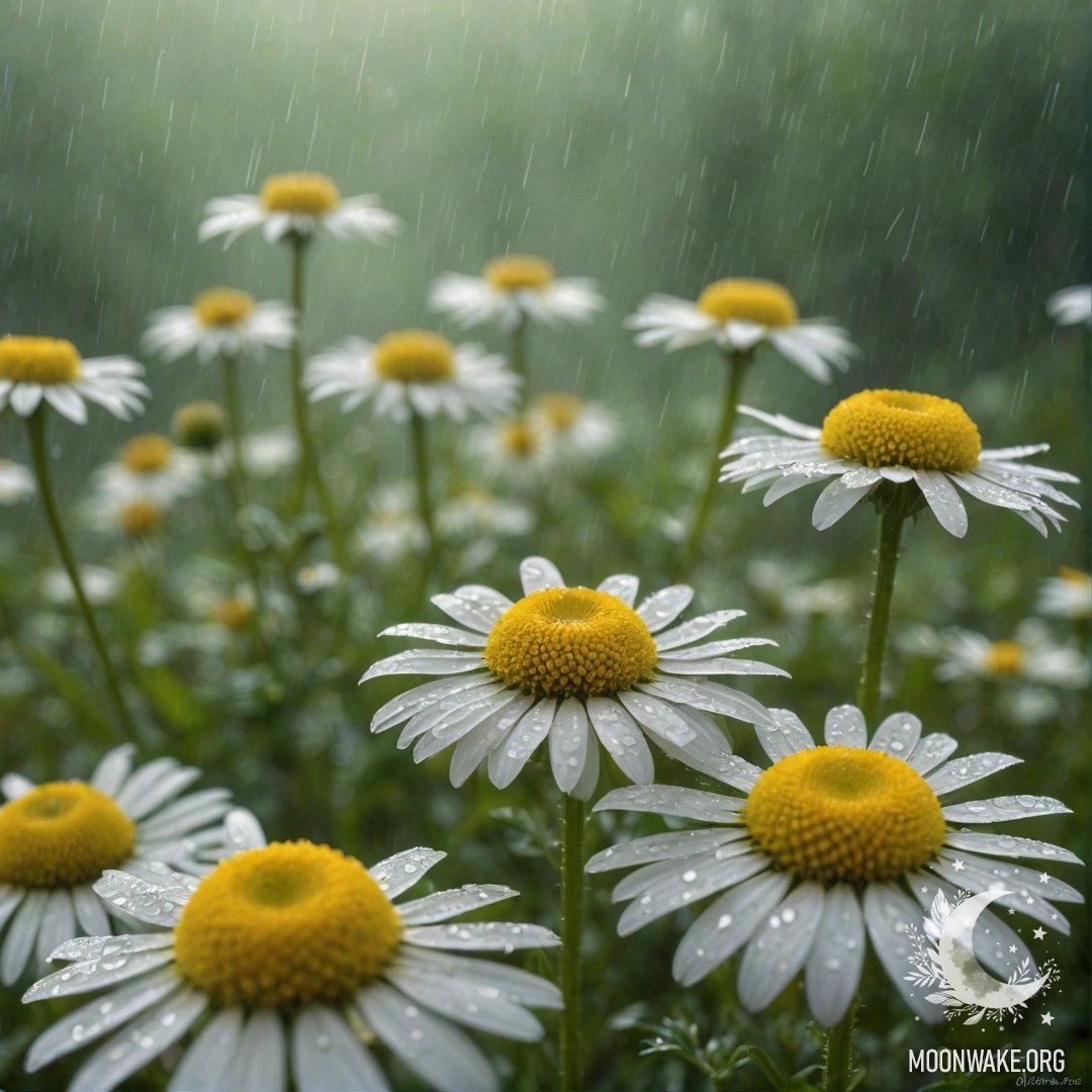 Calm Chamomile in the Misty Rain A serene chamomile flower surrounded by mist in the rain, with rays of sunshine in the background.