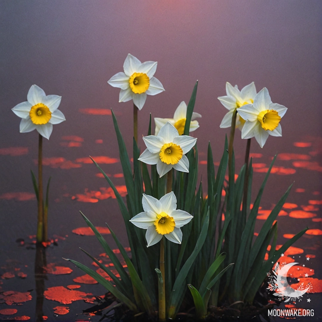 A serene chamomile flower surrounded by mist and red rhinestones.