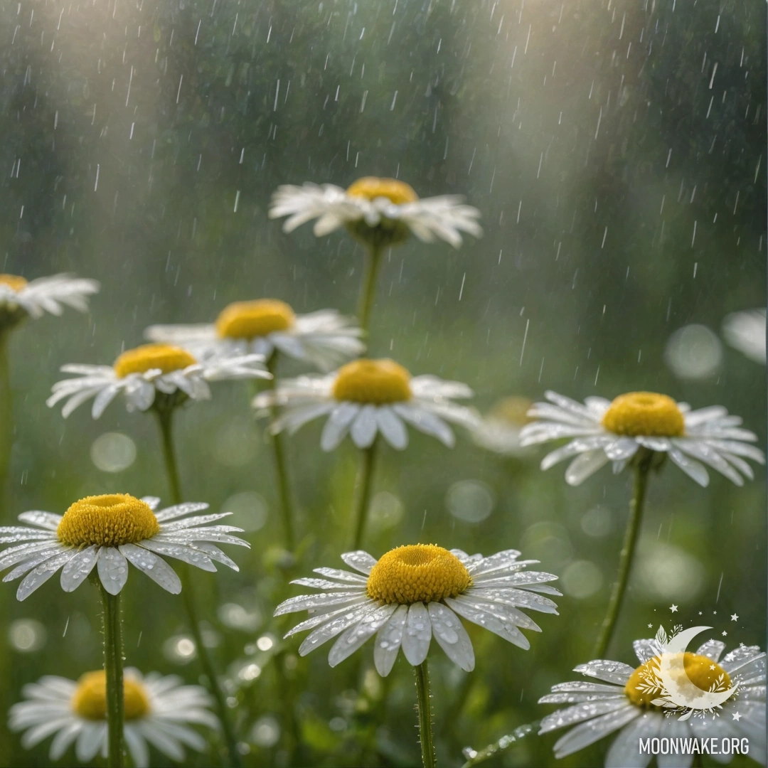 A serene chamomile flower surrounded by rain droplets and sunlight.