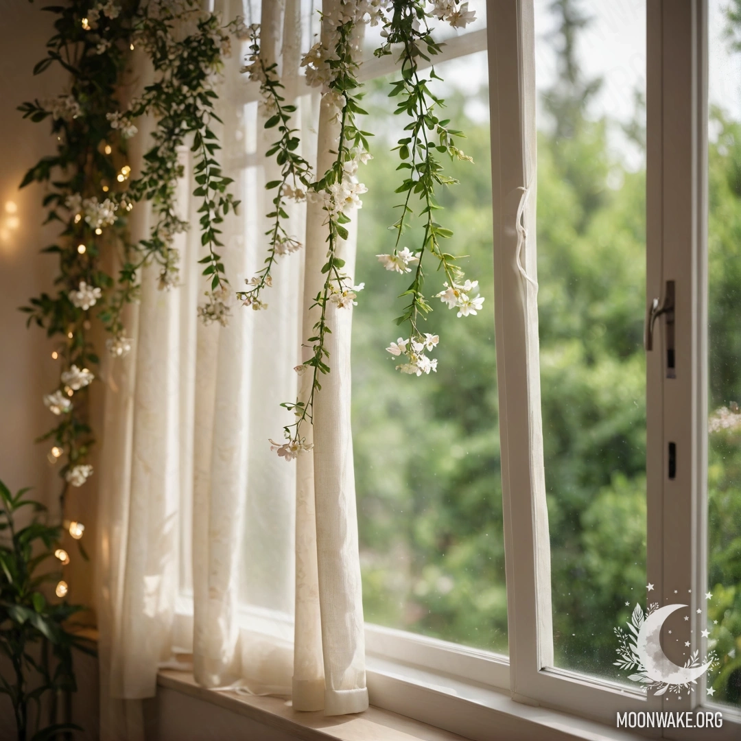 Serene Floral Curtain with Garden View Close-up of a floral printed curtain with a blooming garden visible through a window in the background.