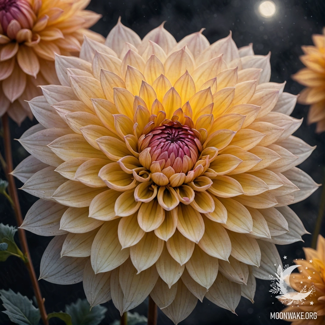 A watercolor painting of a calm dahlia surrounded by fog at night, accented with golden patterns.