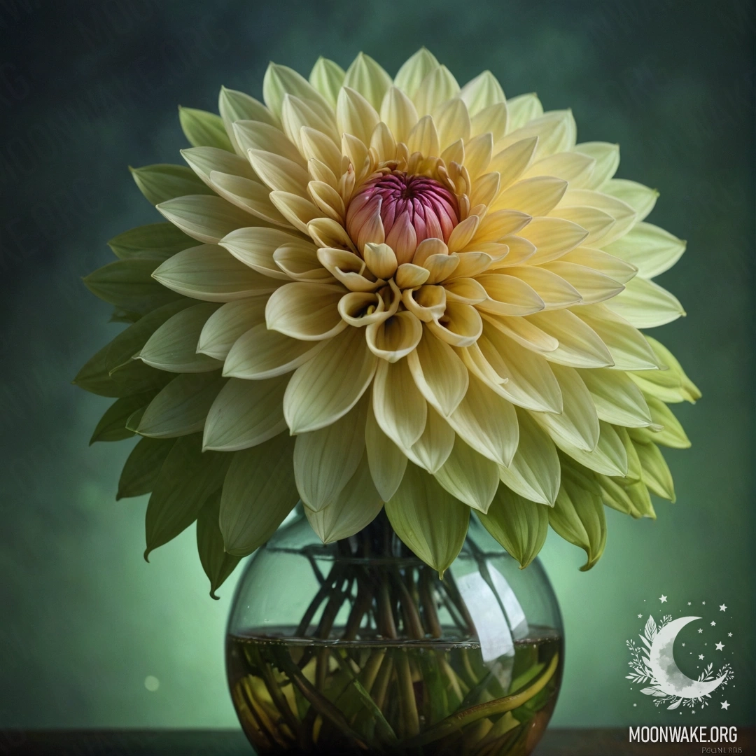 A serene dahlia flower in a lime-colored vase, enveloped in mist at nighttime.