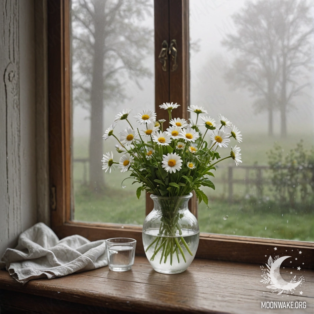 A glass vase filled with daisies on a wooden windowsill shrouded in dense mist.