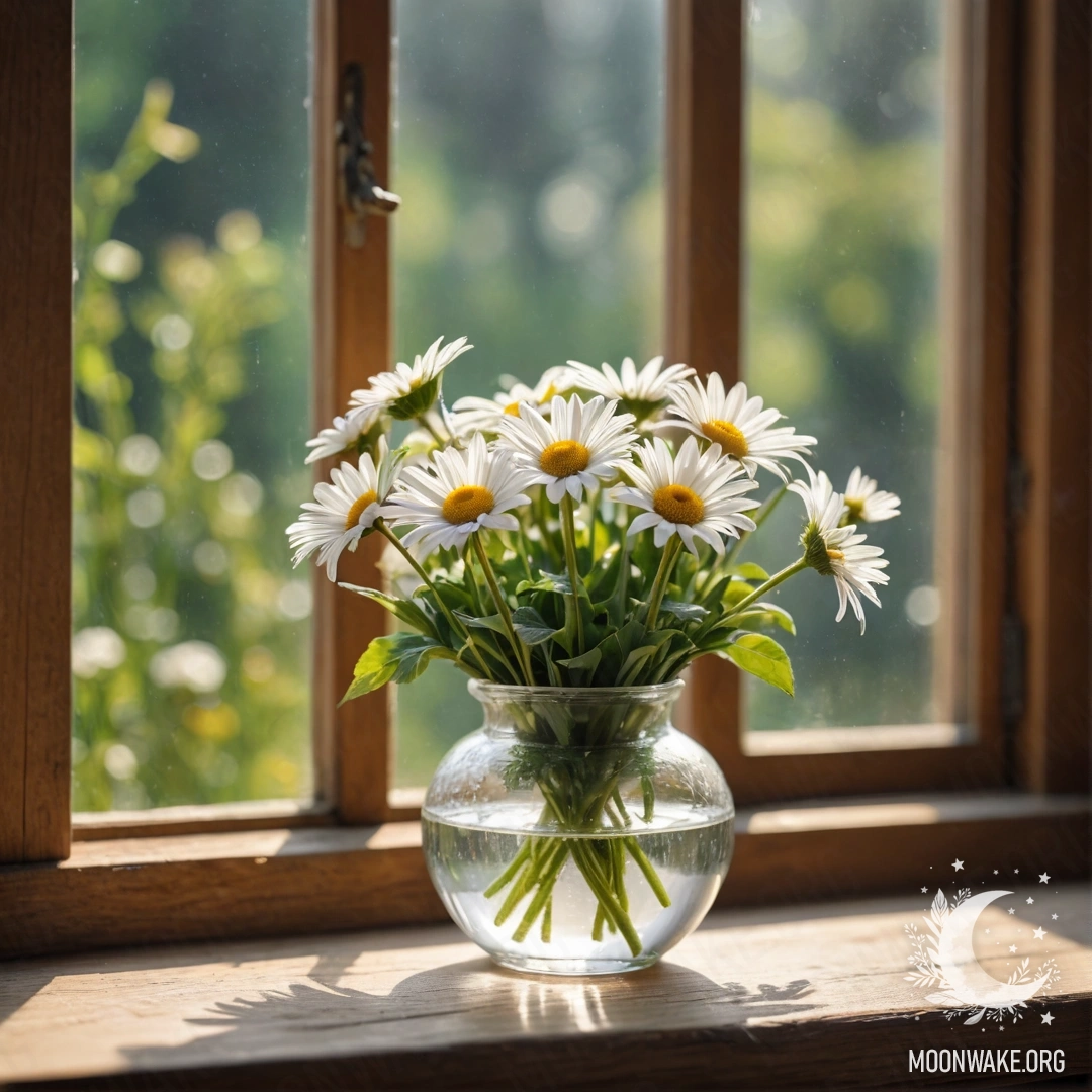 A glass vase with daisies on a wooden vintage windowsill, illuminated by sunlight.
